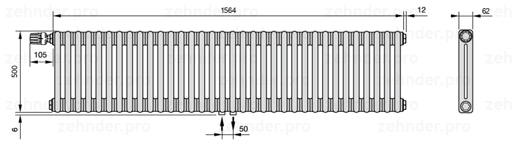 Схема (чертеж) Радиатор Zehnder Charleston 2050/34 №V007 Белый глянцевый RAL 9016